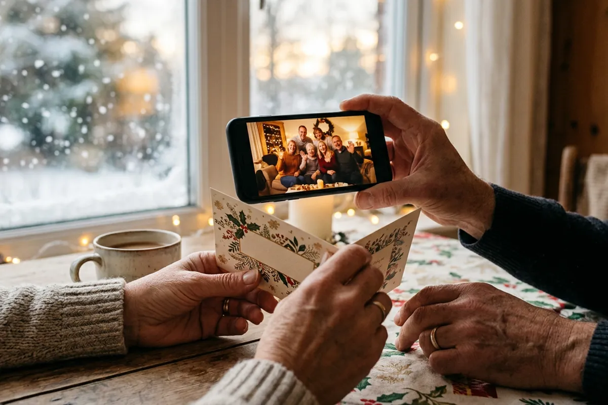 Phone browser playing a video greeting on top of a printed Christmas card