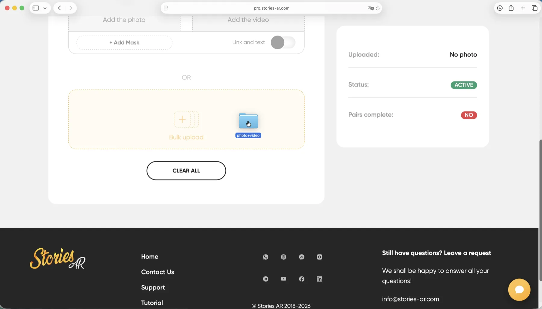 Bulk upload — photo and video pairs in one drop